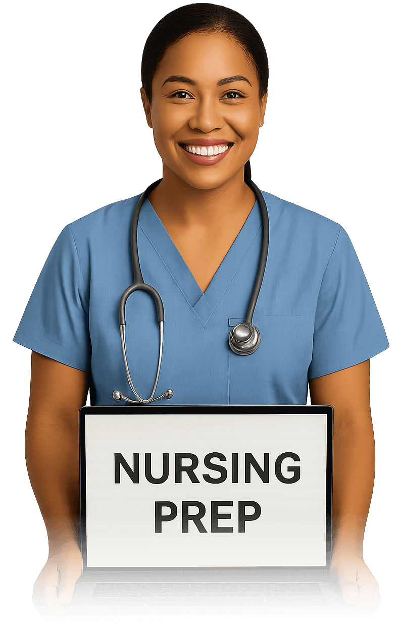 Smiling nurse in blue scrubs holding a NURSING PREP card
